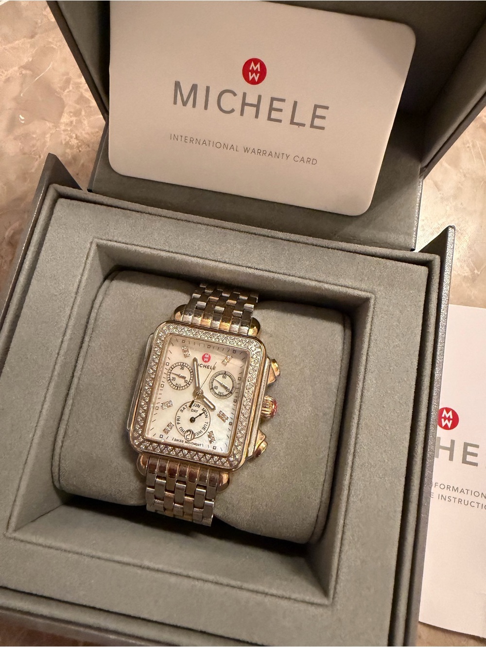 Michele Two-Tone Silver and Gold Diamond Bezel Chronograph Watch